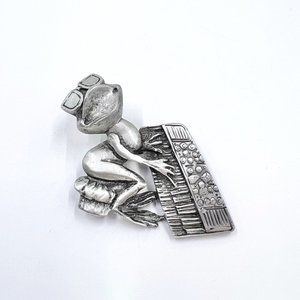 JJ Jonette - 3D Jamming Frog on Keyboard Antiqued Silver Tone Brooch Pin